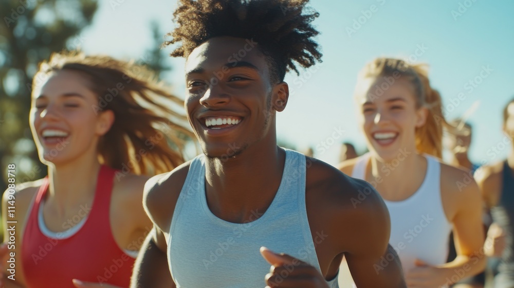 Happy diverse friends smiling while running race outdoors. Happy diverse friends smiling while running race outdoors.