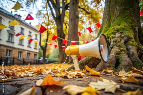 Abandoned Urban Exploration: Yellow Megaphone, Red White Flags, Tree Base - Lost City Photography