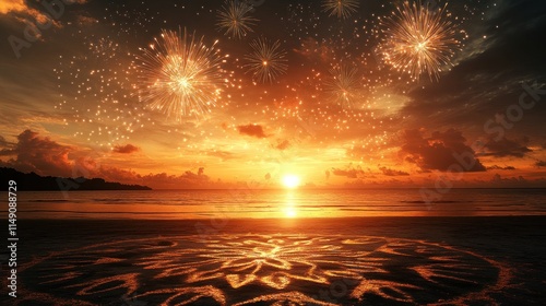 Sunset beach scene with fireworks and sand mandala. photo