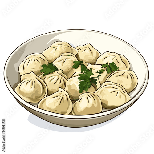 Plate of Pelmeni with Basil Garnish Illustration