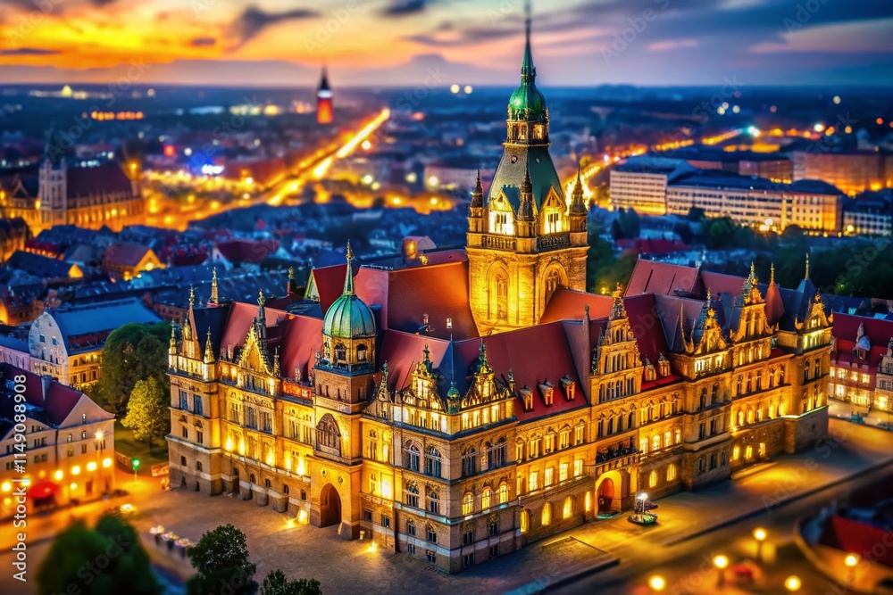 Naklejka premium Hannover Old Town Hall Night Bokeh Lights - German Architecture Stock Photo