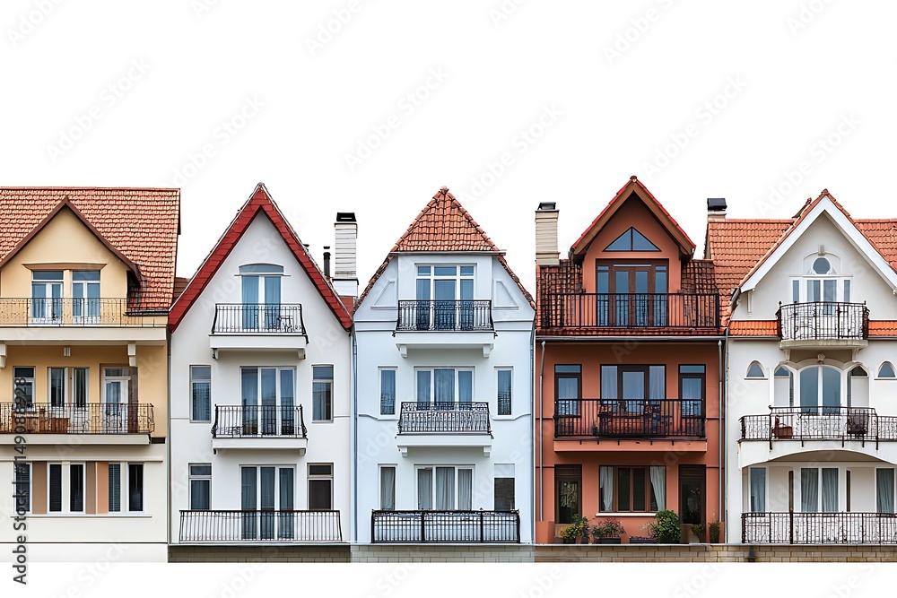 Fototapeta premium city row houses with identical architecture and shared balconies isolated on white background