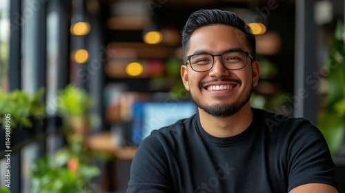 Smiling latin programmer wearing glasses, in work office