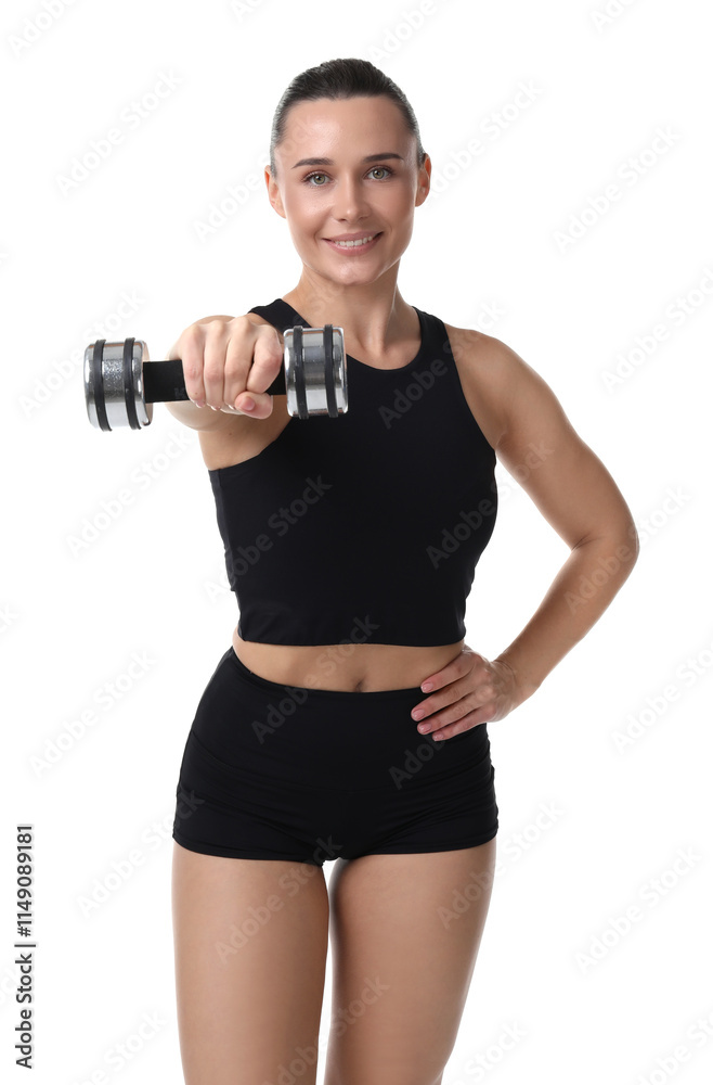 Woman exercising with dumbbell on white background Woman exercising with dumbbell on white background