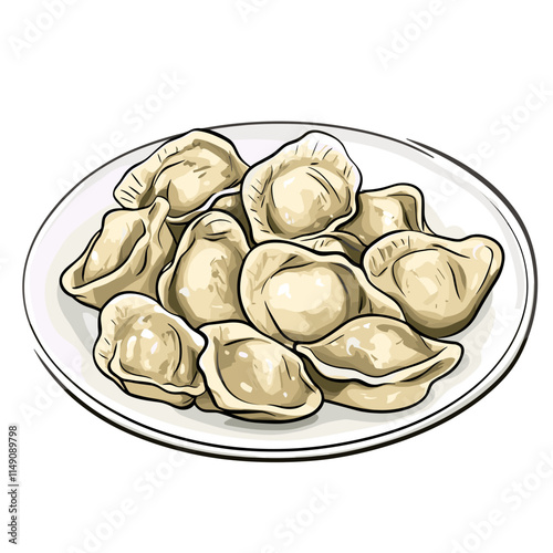 Plate of Pelmeni with Basil Garnish Illustration