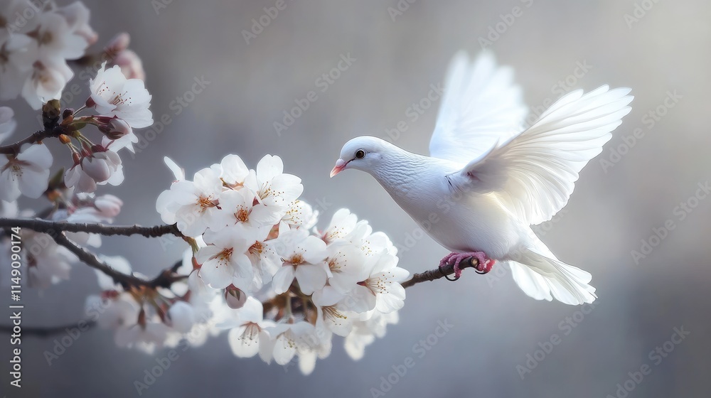 White Dove Perched on Cherry Blossom Branch in Soft Light White Dove Perched on Cherry Blossom Branch in Soft Light