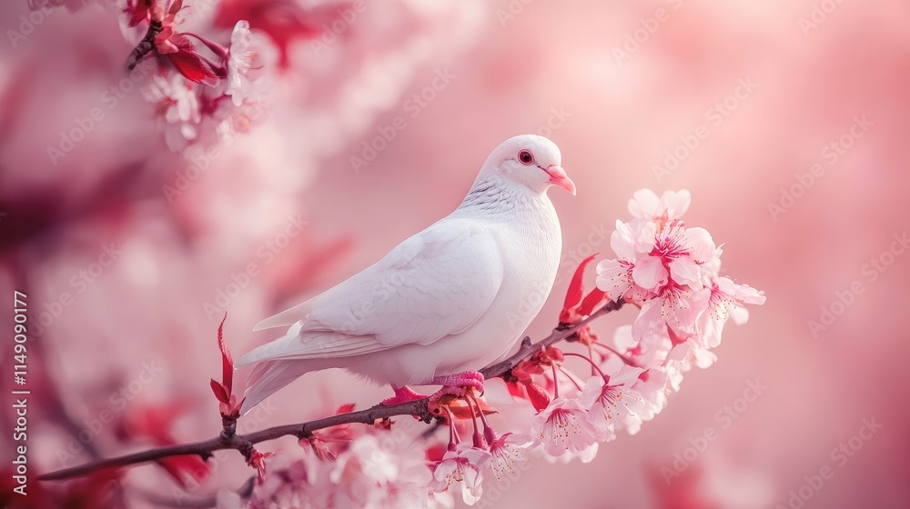 Delicate White Dove Perched on Blooming Cherry Blossom Branch Delicate White Dove Perched on Blooming Cherry Blossom Branch