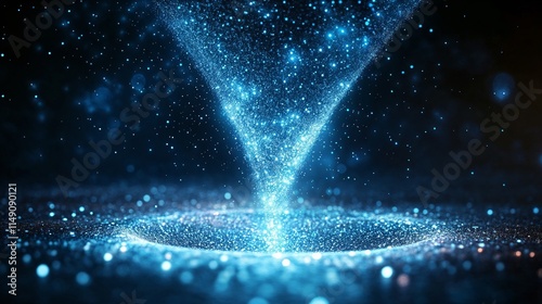 Digital funnel suspended in mid-air, pulling millions of tiny, shimmering orbs downward into an abstract glowing pool. photo