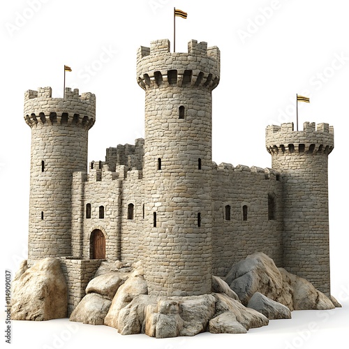 historic castle with stone walls and towers isolated on white background photo