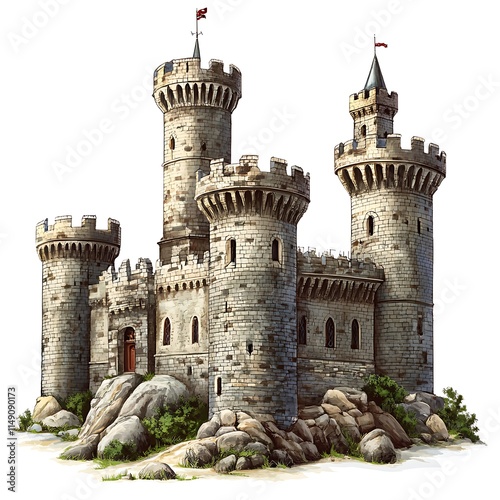 historic castle with stone walls and towers isolated on white background photo