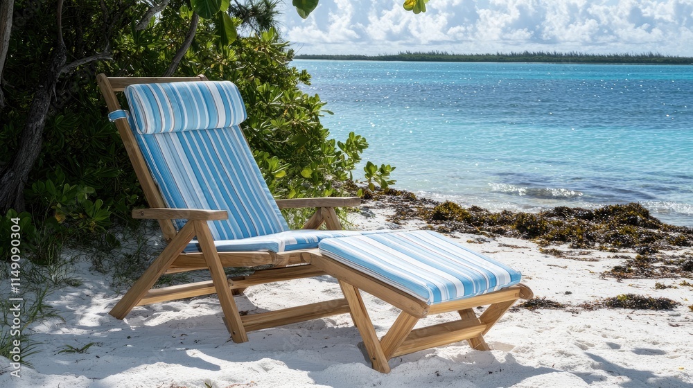 Relaxing Beach Chair on Sandy Shore with Ocean View and Cloudy Sky Relaxing Beach Chair on Sandy Shore with Ocean View and Cloudy Sky