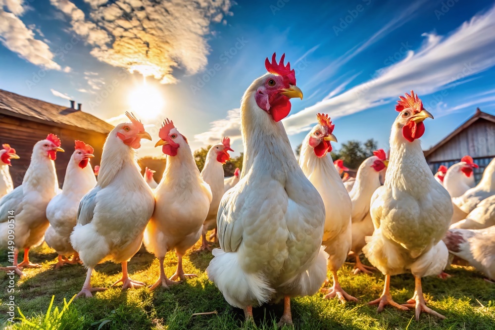 Fototapeta premium Happy Healthy Chickens Freely Roaming Farm Yard - Rural Idyll Stock Photo