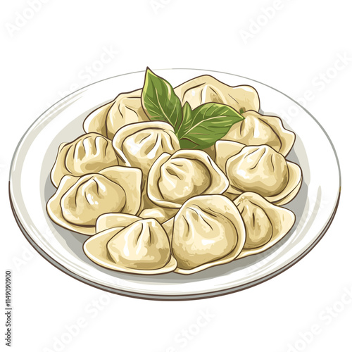Plate of Pelmeni with Basil Garnish Illustration