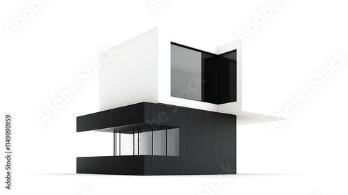 minimalist cube house with sleek black and white exterior isolated on white background photo