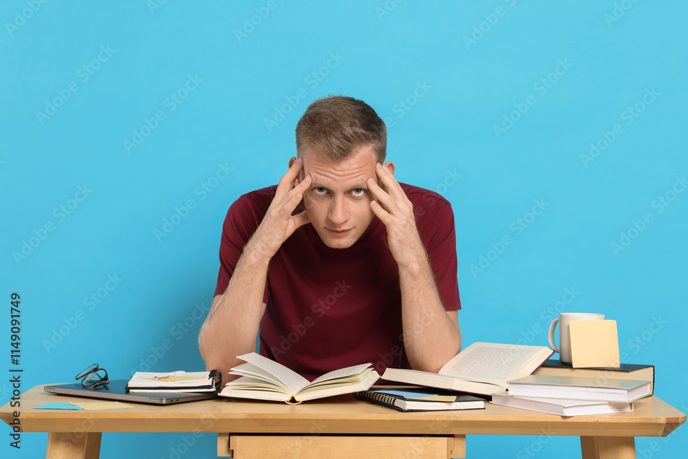 Preparing for exam. Student with books at table against light blue background Preparing for exam. Student with books at table against light blue background