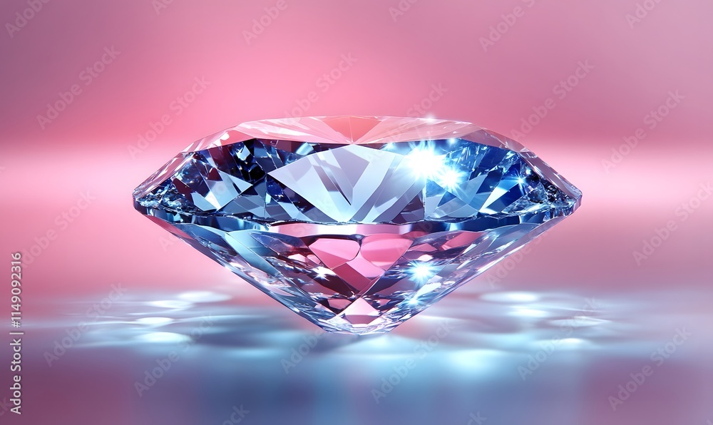 Faceted diamond reflects light on pink background, close-up. Faceted diamond reflects light on pink background, close-up.