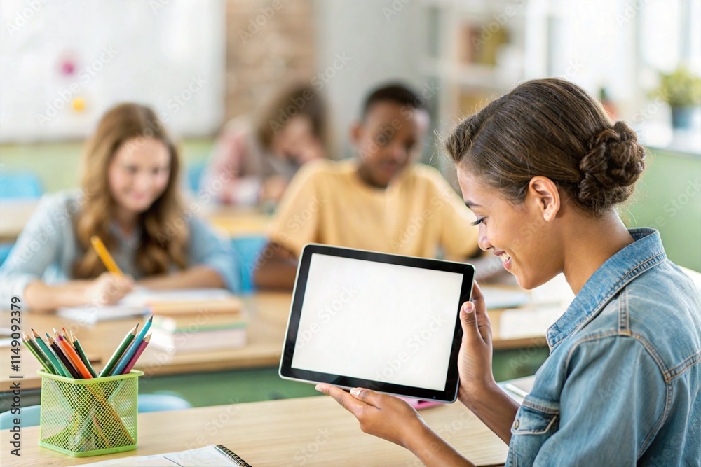 Educational App Tablet Mock-Up in Classroom Scene Educational App Tablet Mock-Up in Classroom Scene