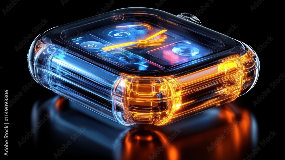 Transparent smartwatch with glowing orange frame on dark background. Transparent smartwatch with glowing orange frame on dark background.