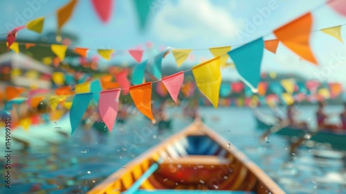 Vibrant pennants on race boat with blurred rowers celebrating Bon Om Touk photo