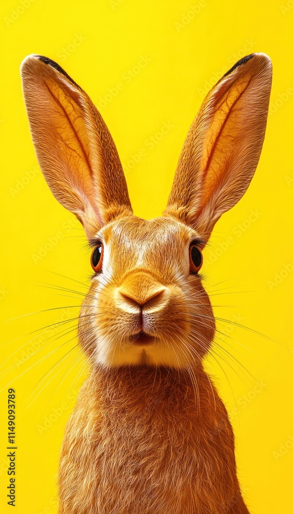 Obraz premium A close-up of a rabbit against a bright yellow background, showcasing its features.