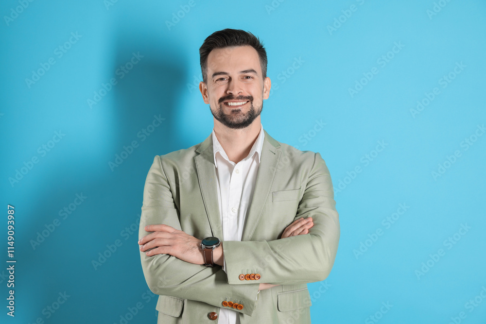 Portrait of smiling banker with crossed arms on light blue background Portrait of smiling banker with crossed arms on light blue background