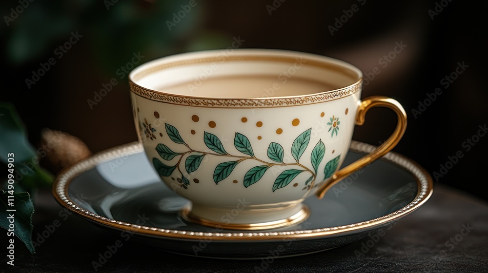 Elegant teacup with creamy tea on a saucer, detailed floral design. Elegant teacup with creamy tea on a saucer, detailed floral design.