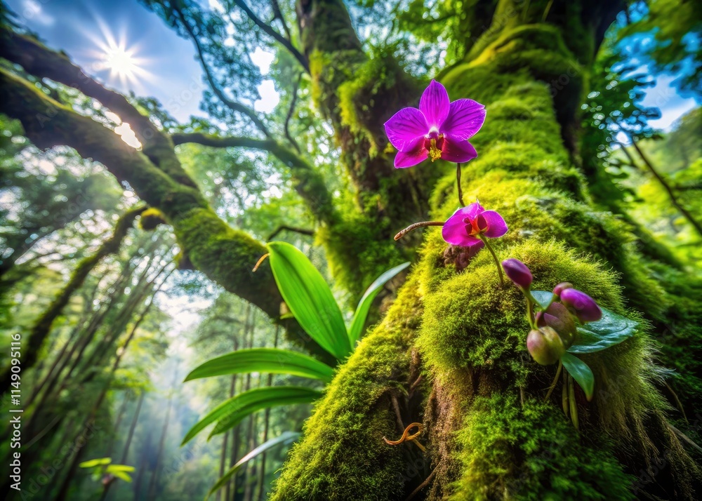 Fototapeta premium Doi Inthanon Rainforest Orchid, Mossy Tree Trunk, Chiang Mai Thailand - Stunning Nature Photography