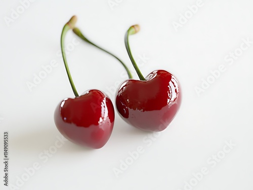 whole cherries with a glossy finish and green stems isolated on white background photo