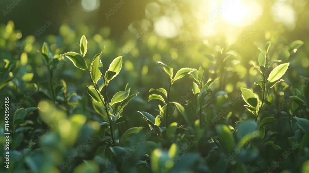 Fototapeta premium Lush green foliage backlit by warm sunlight.