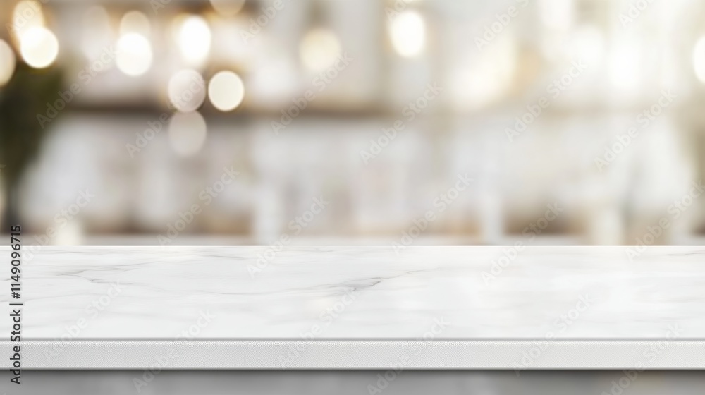 Empty white table top, counter, desk background over blur perspective bokeh light background, White marble stone table, shelf and blurred kitchen restaurant for food, product display mockup, template Empty white table top, counter, desk background over blur perspective bokeh light background, White marble stone table, shelf and blurred kitchen restaurant for food, product display mockup, template