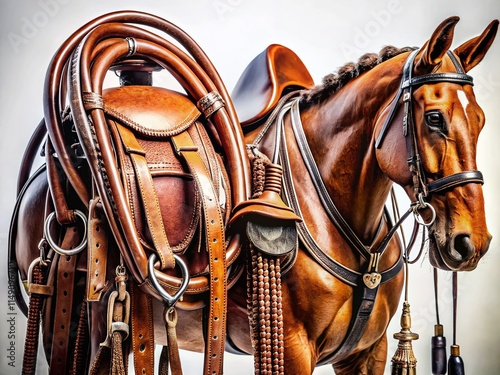 High-Detail Horse Tack: Bridle, Saddle, Reins Isolated on White photo