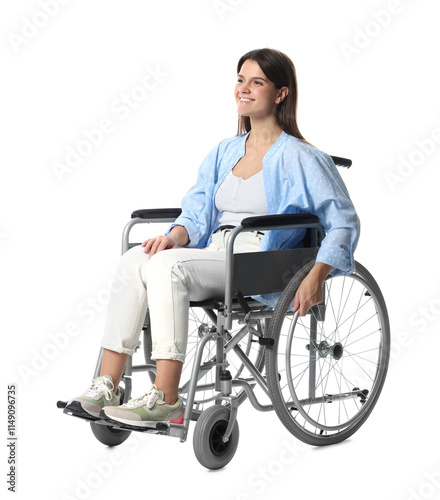 Smiling woman in wheelchair on white background photo