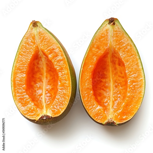 halved sapote with bright orange flesh isolated on white background photo