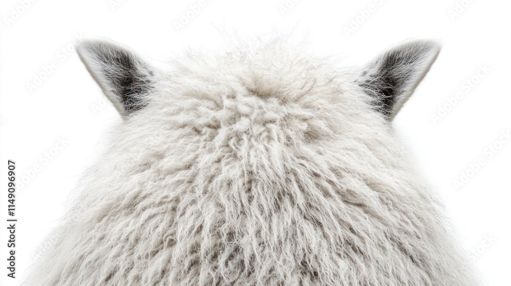 A close-up view of a fluffy white animal's head, showcasing its ears and fur texture. A close-up view of a fluffy white animal's head, showcasing its ears and fur texture.