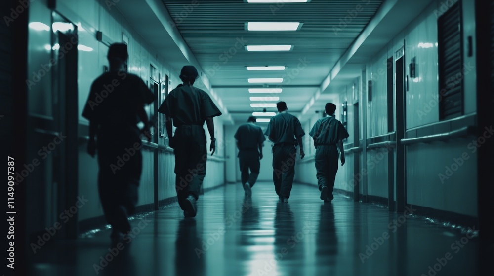 Medical staff in white coats and scrubs rushing through a hospital corridor, symbolizing urgency and dedication in healthcare, teamwork and patient care. Medical staff in white coats and scrubs rushing through a hospital corridor, symbolizing urgency and dedication in healthcare, teamwork and patient care.