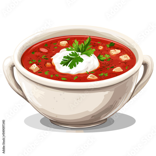 Soup with Sour Cream and Parsley Garnish Illustration