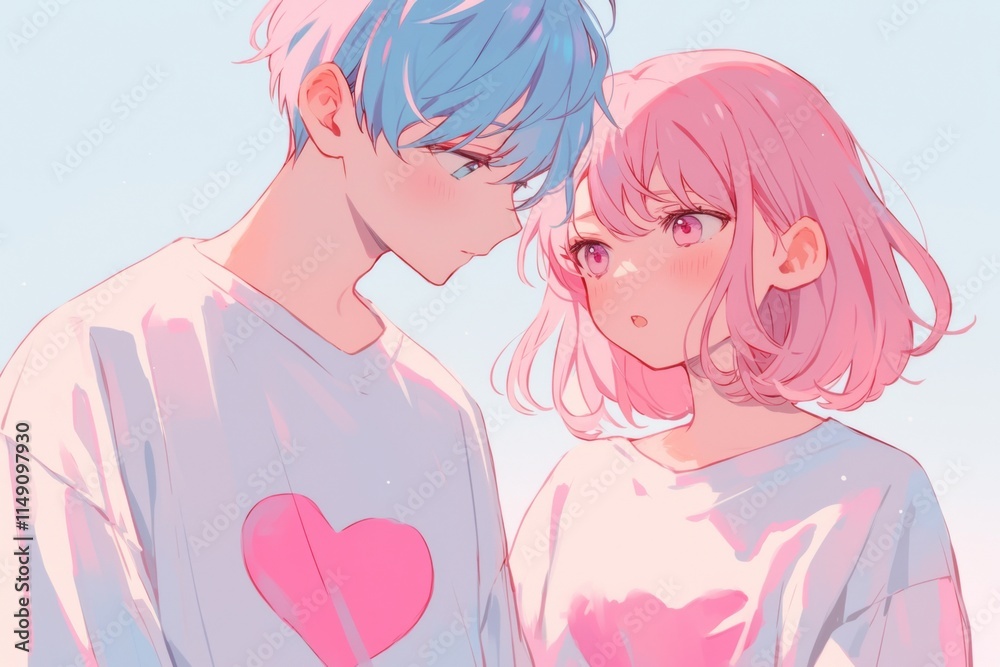 Cute anime couple with blue-haired boy in oversized T-shirt and pink bob-cut girl with heart-shaped T-shirt design, gazing at each other with love, pastel colors. Cute anime couple with blue-haired boy in oversized T-shirt and pink bob-cut girl with heart-shaped T-shirt design, gazing at each other with love, pastel colors.