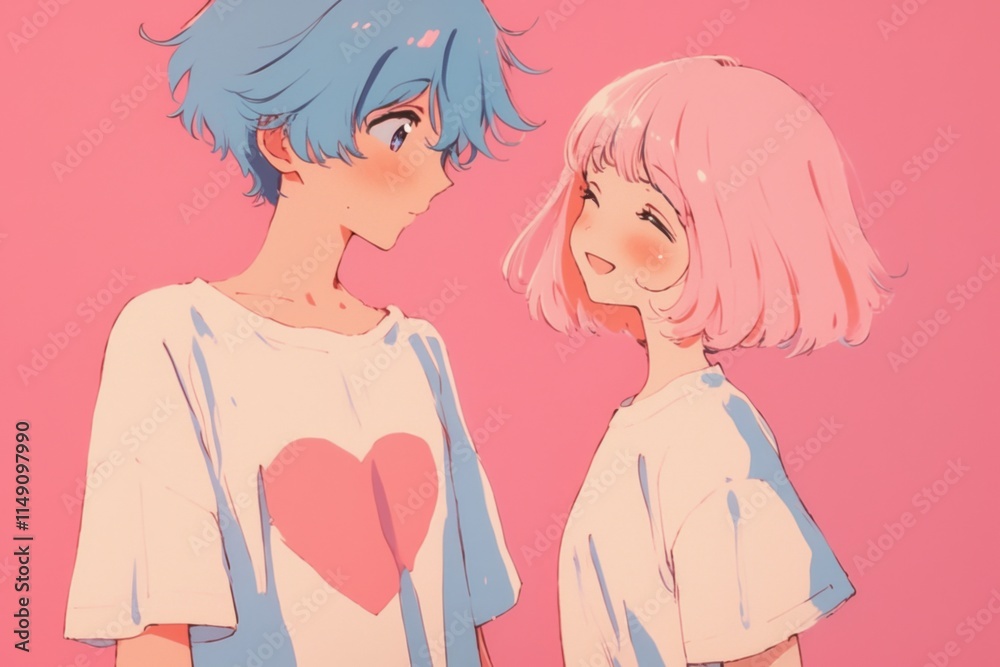Cute anime couple with blue-haired boy in oversized T-shirt and pink bob-cut girl with heart-shaped T-shirt design, gazing at each other with love, pastel colors. Cute anime couple with blue-haired boy in oversized T-shirt and pink bob-cut girl with heart-shaped T-shirt design, gazing at each other with love, pastel colors.