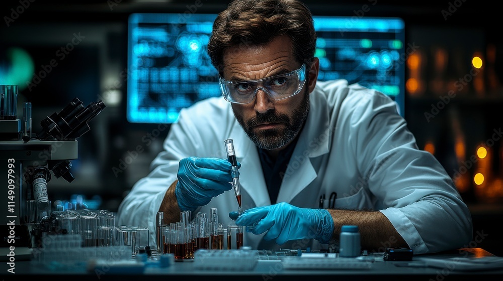 A scientist analyzing samples in a high-tech lab, pipetting liquid into test tubes with precise instruments and glowing data screens in the background. A scientist analyzing samples in a high-tech lab, pipetting liquid into test tubes with precise instruments and glowing data screens in the background.