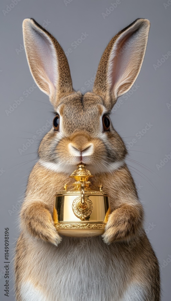 Fototapeta premium A rabbit holding a golden decorative object in its paws against a gray backdrop.