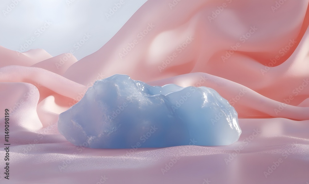 Fototapeta premium Light blue rock on pink silky fabric.