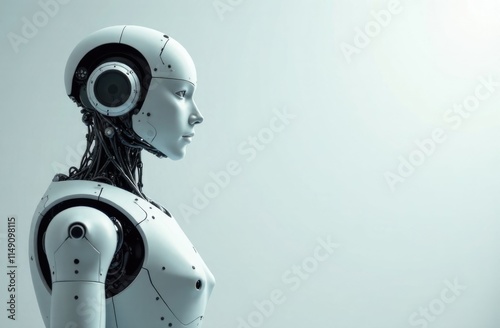 the robot is facing forward and raised his hand up, smiling , household assistants, artificial intelligence, helping a person, light background, free space on the side for text