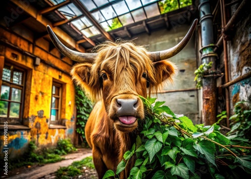 Highland Cow Tongue Out Urban Exploration Photography - Abandoned Building, Graffiti, Scotland photo