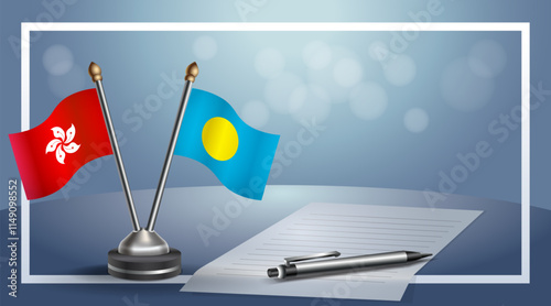 Hong Kong and Palau National flags on small table with bokeh background, cooperative relationship