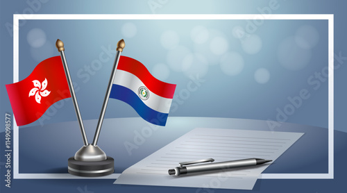 Hong Kong and Paraguay National flags on small table with bokeh background, cooperative relationship