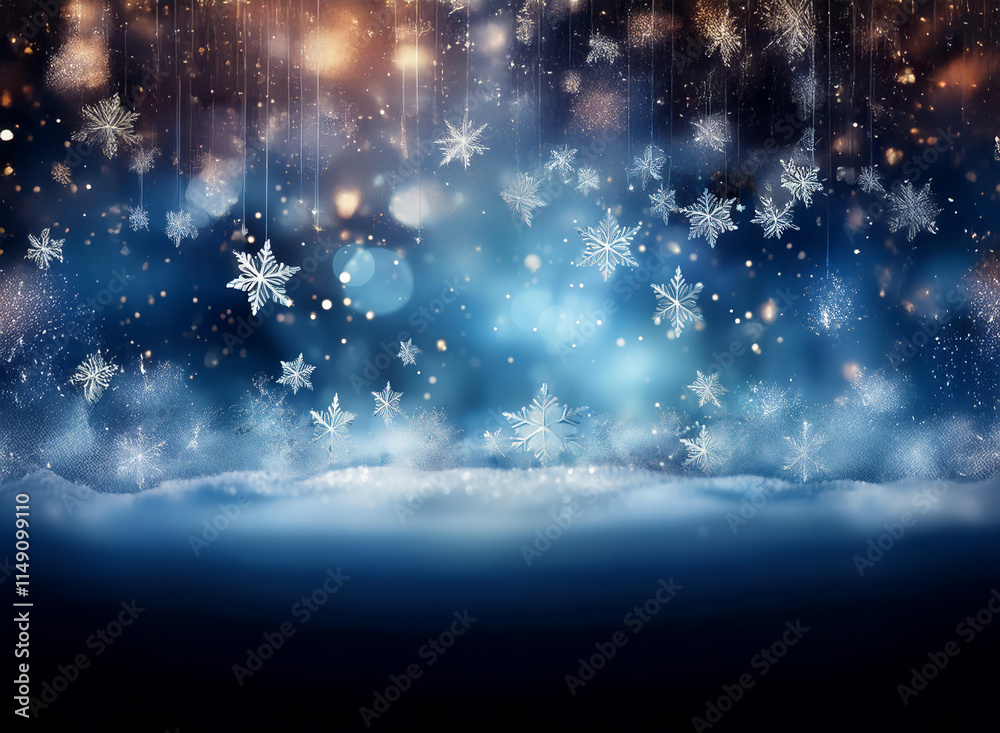 Obraz premium Magical winter scene. Falling snowflakes, shimmering lights, and a snowy landscape create a serene, festive atmosphere. Perfect for holiday backgrounds.