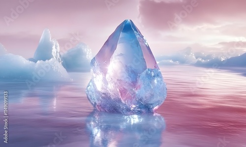 Crystal ice formation on calm water at sunset.