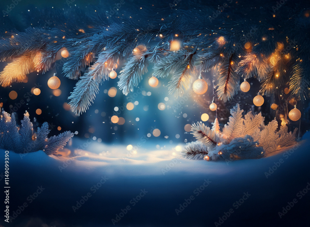 Enchanted winter scene: snow-covered branches adorned with glowing orbs and falling snowflakes, creating a magical, luminous atmosphere. Enchanted winter scene: snow-covered branches adorned with glowing orbs and falling snowflakes, creating a magical, luminous atmosphere.