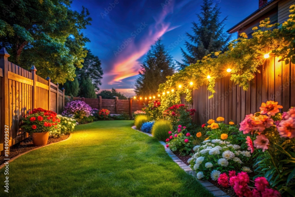 Fototapeta premium Low Light Backyard Photography: Fenced Lawn, Blooming Flowers, Night Garden Scene