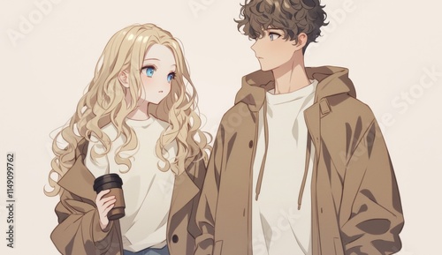 A cute anime couple walking together, the girl with blonde hair and blue eyes holding a coffee cup, and the boy with curly light-brown hair in a grey hoodie, in a cozy outdoor setting.